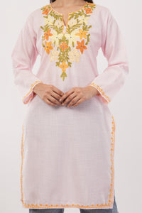 Kashmiri Aari embroidery Cotton Long Kurti Size-38 (Baby Pink)