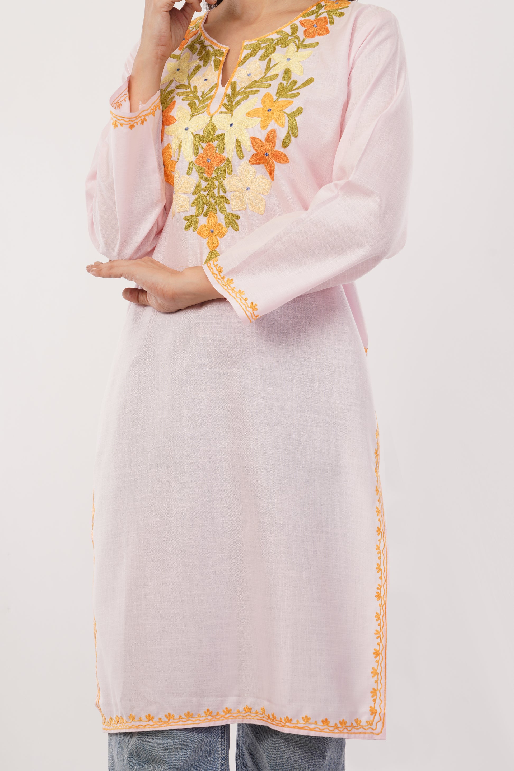 Kashmiri Aari embroidery Cotton Long Kurti Size-38 (Baby Pink)