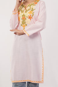 Kashmiri Aari embroidery Cotton Long Kurti Size-38 (Baby Pink)