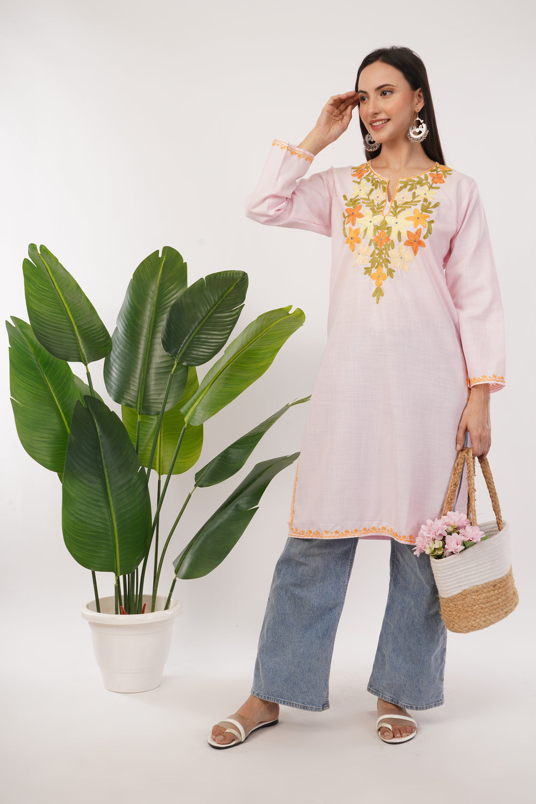 Kashmiri Aari embroidery Cotton Long Kurti Size-38 (Baby Pink)