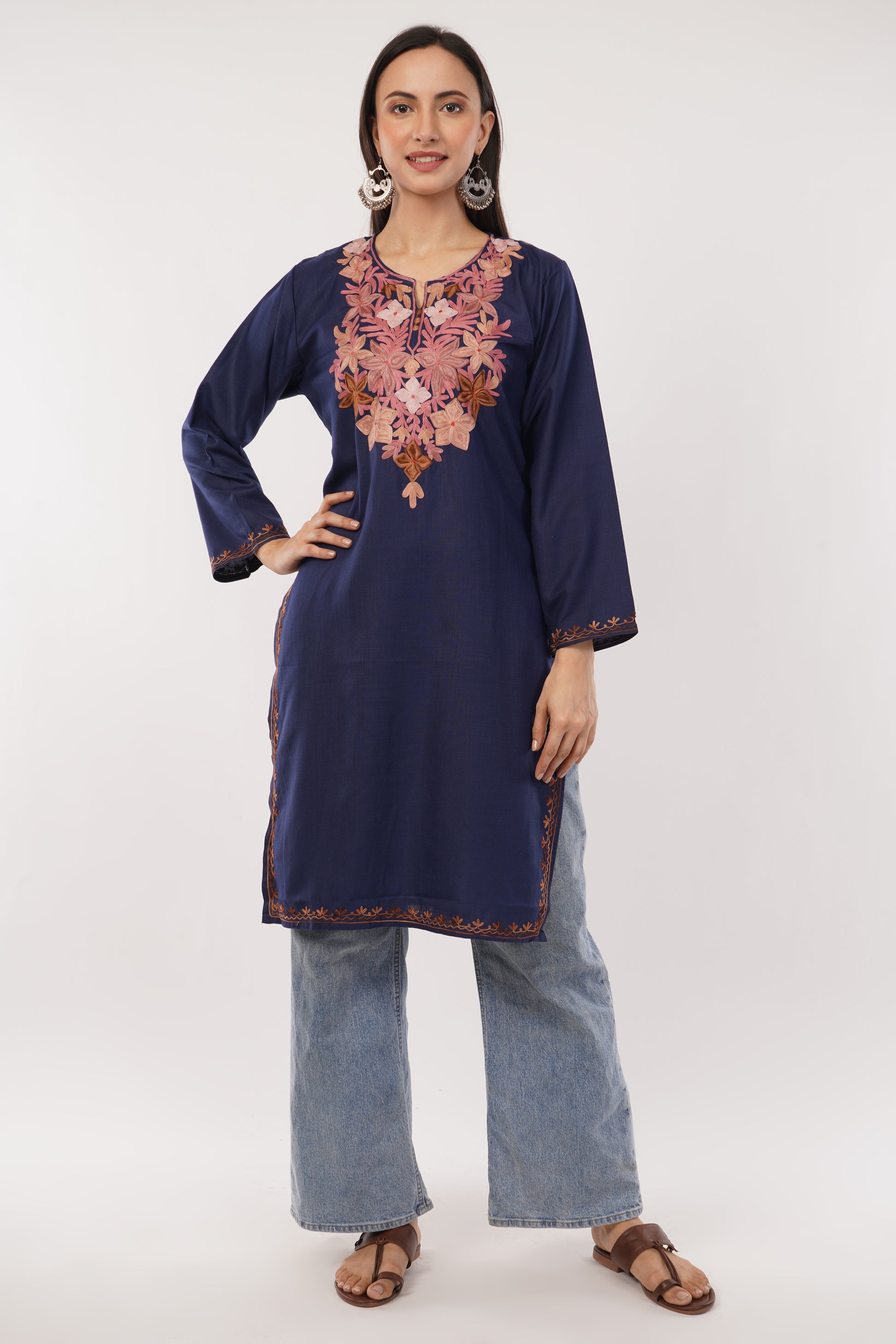 Kashmiri Aari embroidery Cotton Long Kurti Size-38 (Navy Blue)