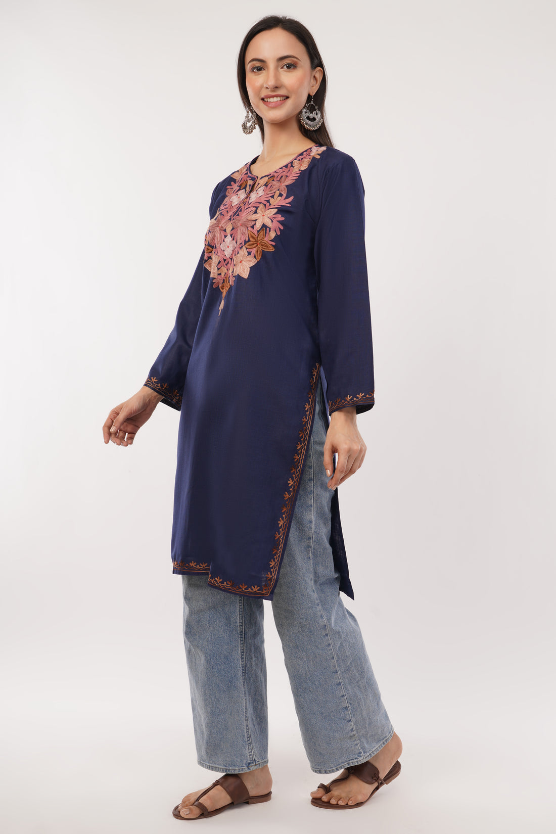 Kashmiri Aari embroidery Cotton Long Kurti Size-38 (Navy Blue)