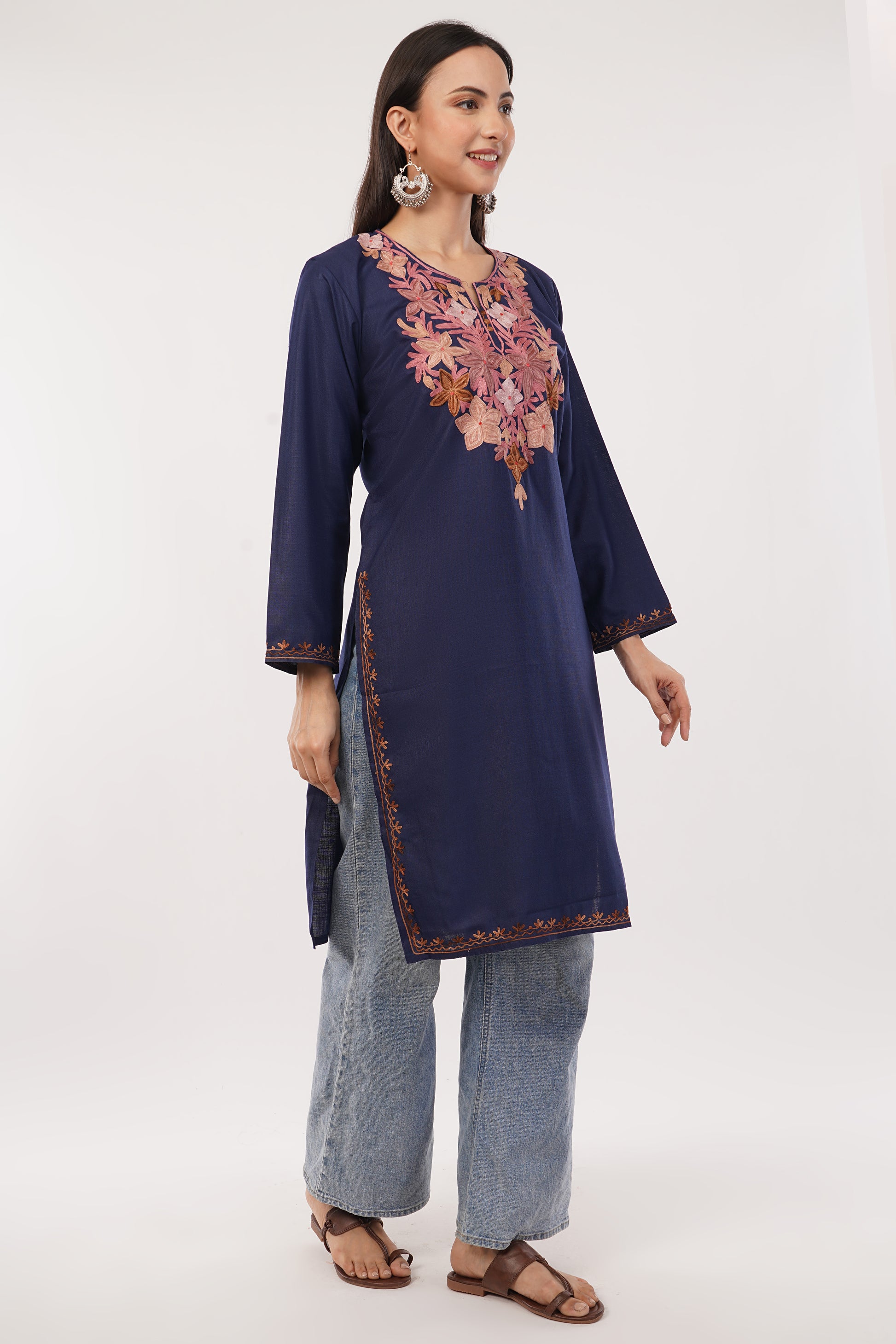 Kashmiri Aari embroidery Cotton Long Kurti Size-38 (Navy Blue)