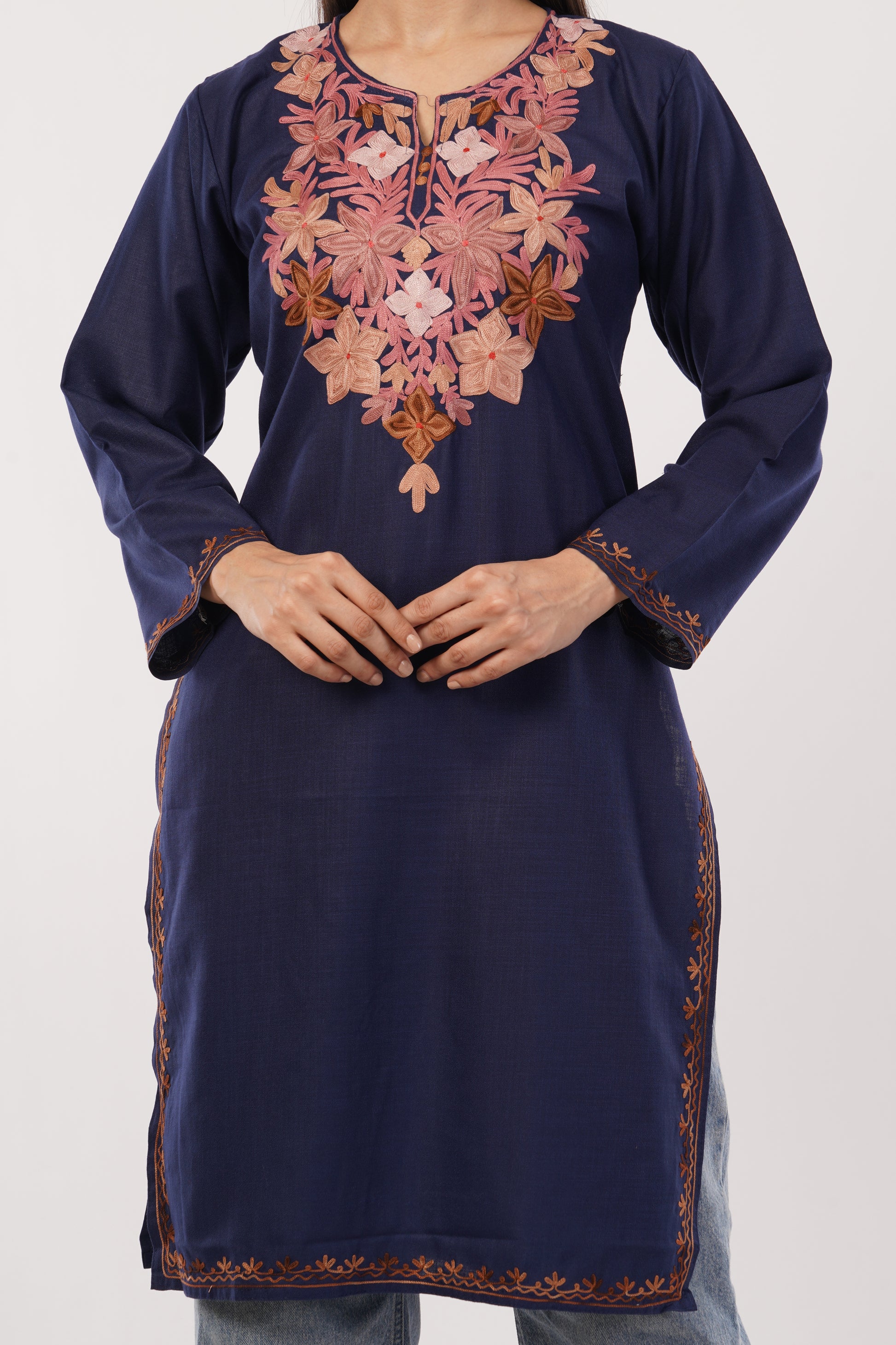 Kashmiri Aari embroidery Cotton Long Kurti Size-38 (Navy Blue)