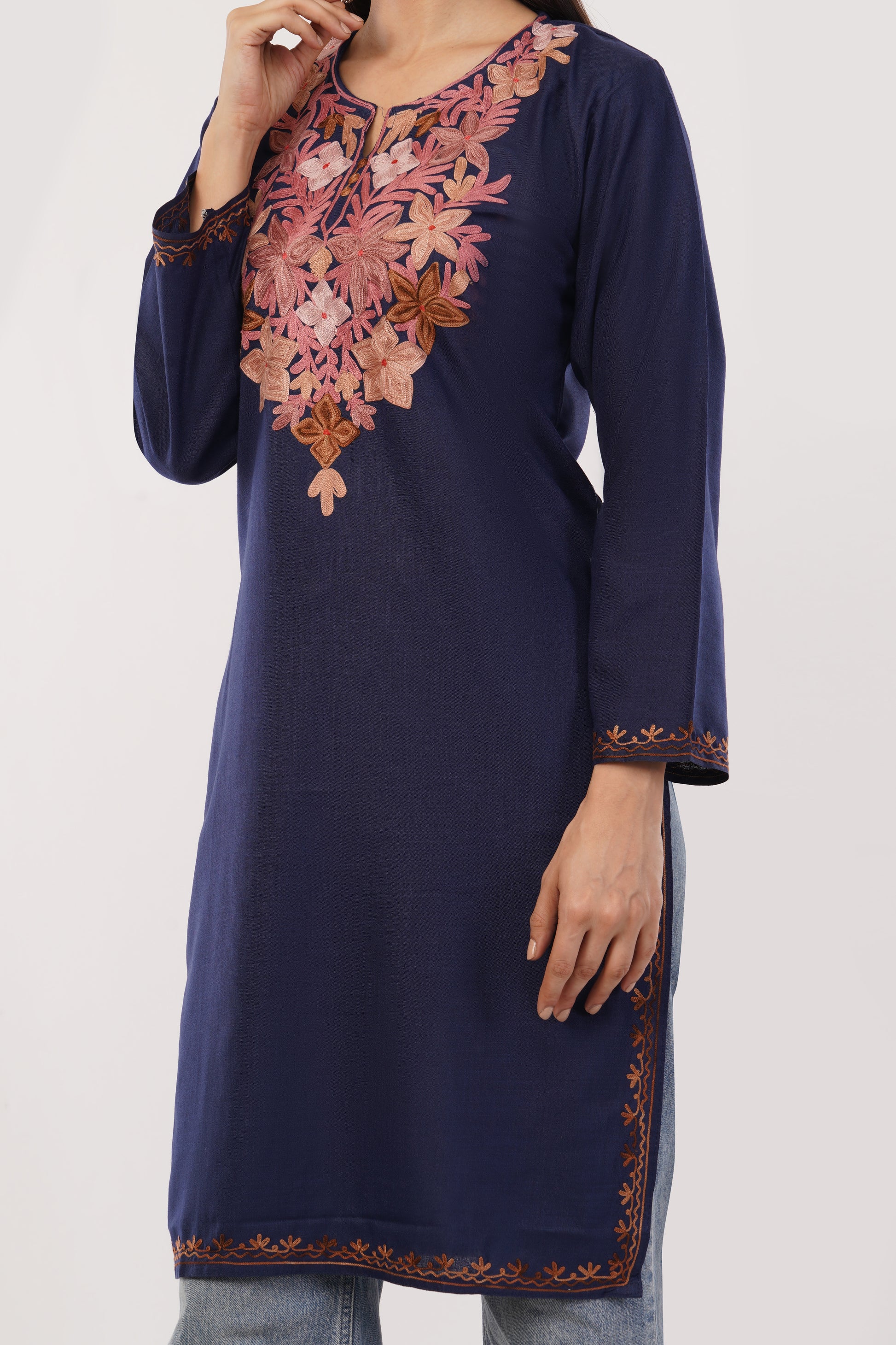 Kashmiri Aari embroidery Cotton Long Kurti Size-38 (Navy Blue)