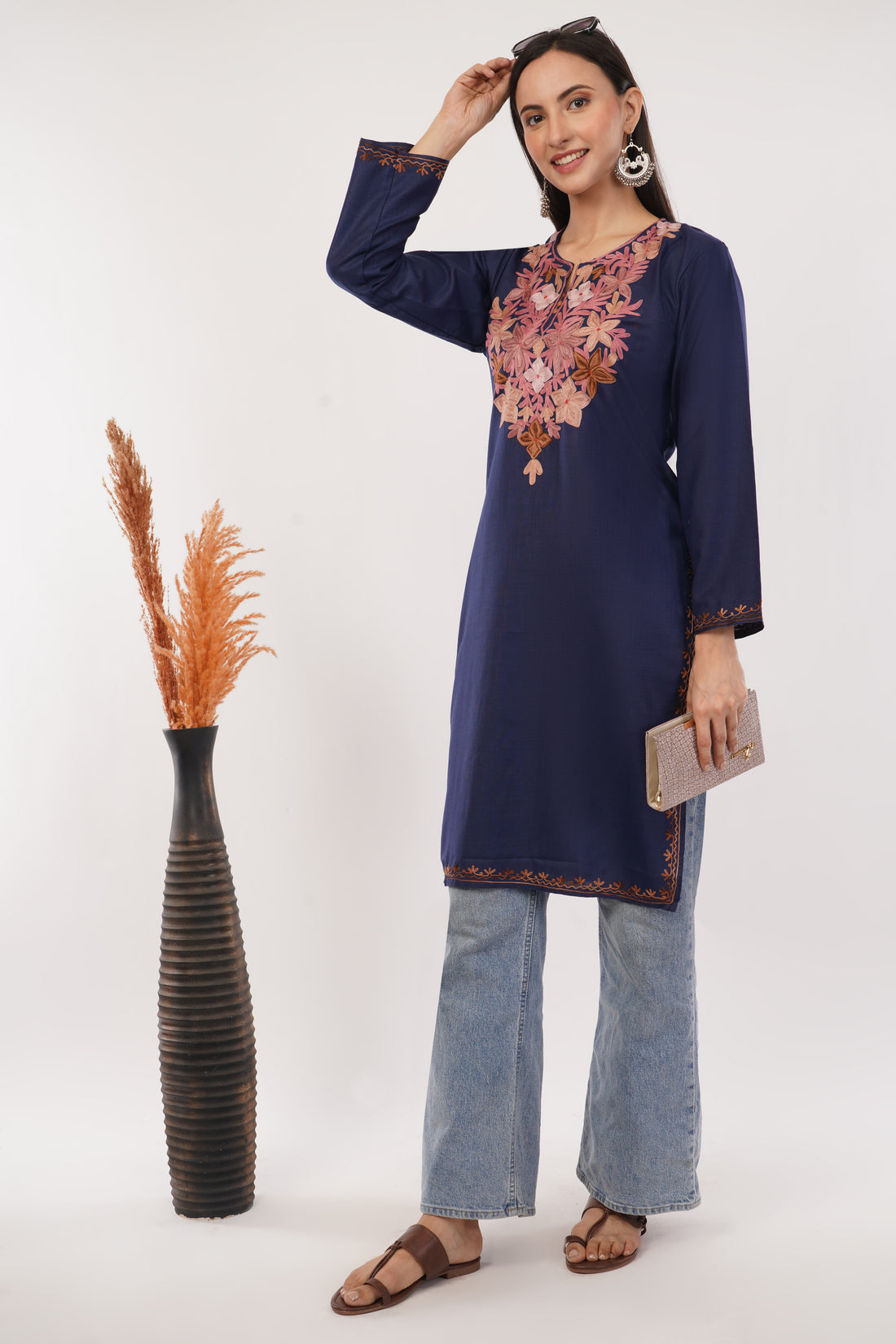 Kashmiri Aari embroidery Cotton Long Kurti Size-38 (Navy Blue)