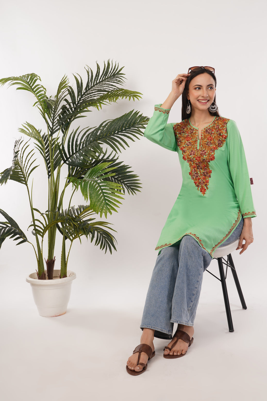 Kashmiri Aari embroidery Cotton Long Kurti Size-38 (Green)