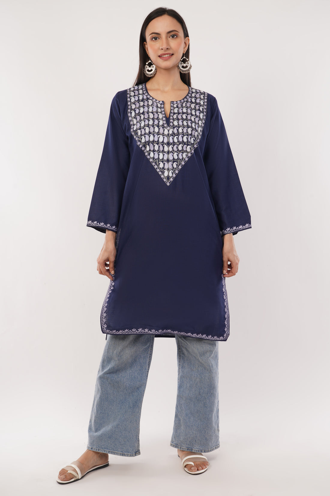 Kashmiri Aari embroidery Cotton Long Kurti Size-38 (Navy Blue)