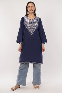 Kashmiri Aari embroidery Cotton Long Kurti Size-38 (Navy Blue)