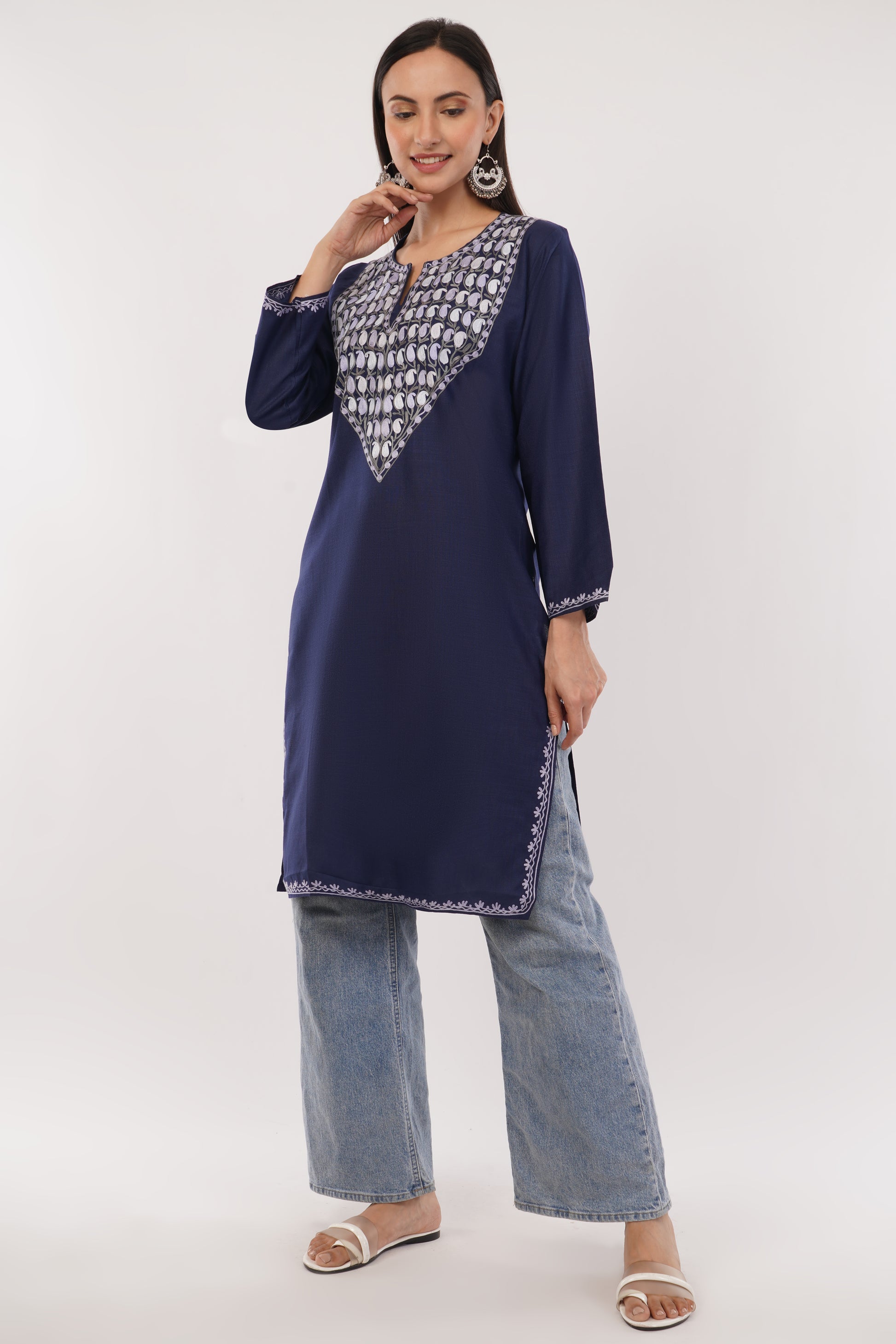 Kashmiri Aari embroidery Cotton Long Kurti Size-38 (Navy Blue)