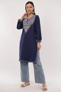 Kashmiri Aari embroidery Cotton Long Kurti Size-38 (Navy Blue)