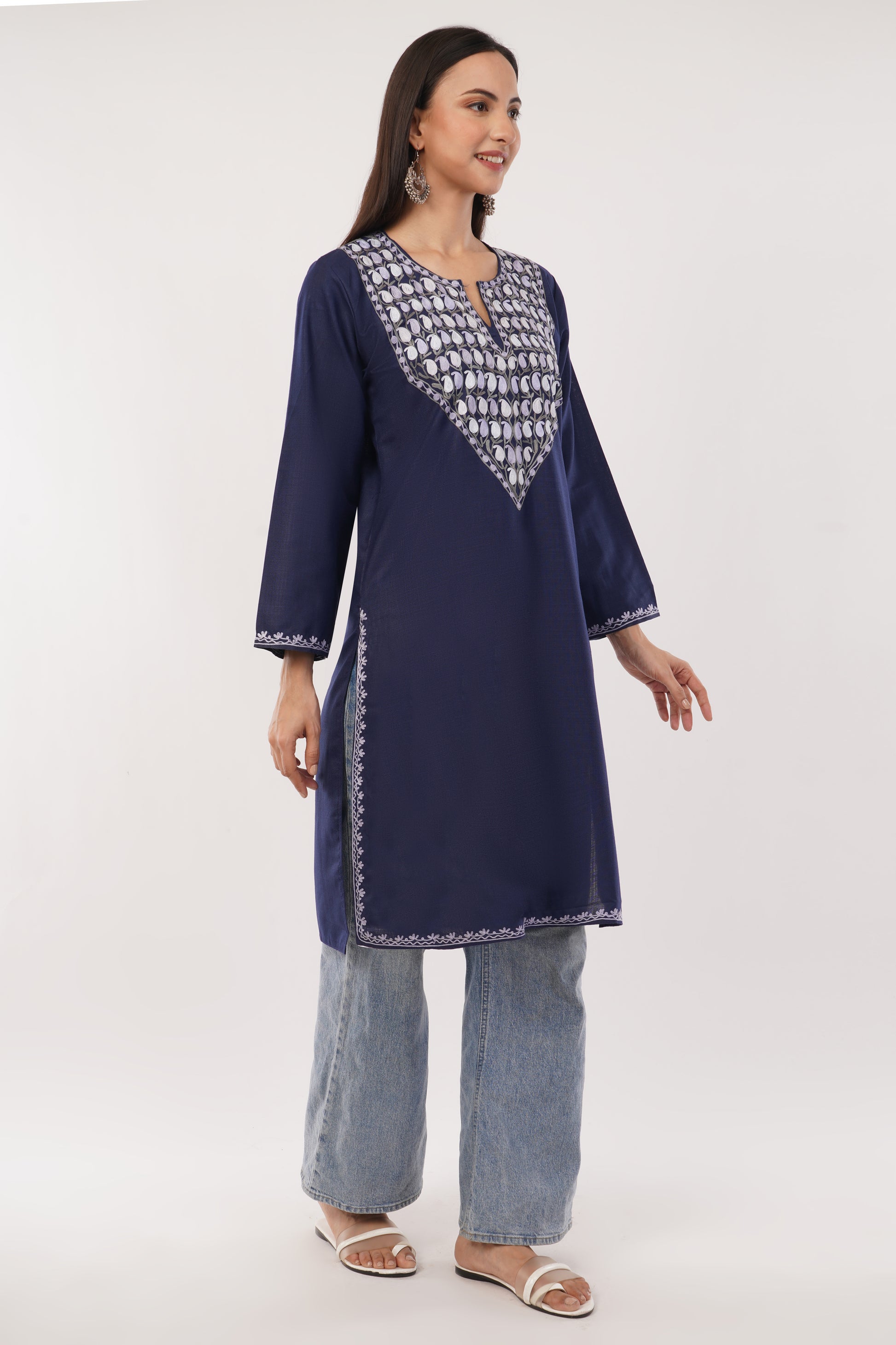 Kashmiri Aari embroidery Cotton Long Kurti Size-38 (Navy Blue)