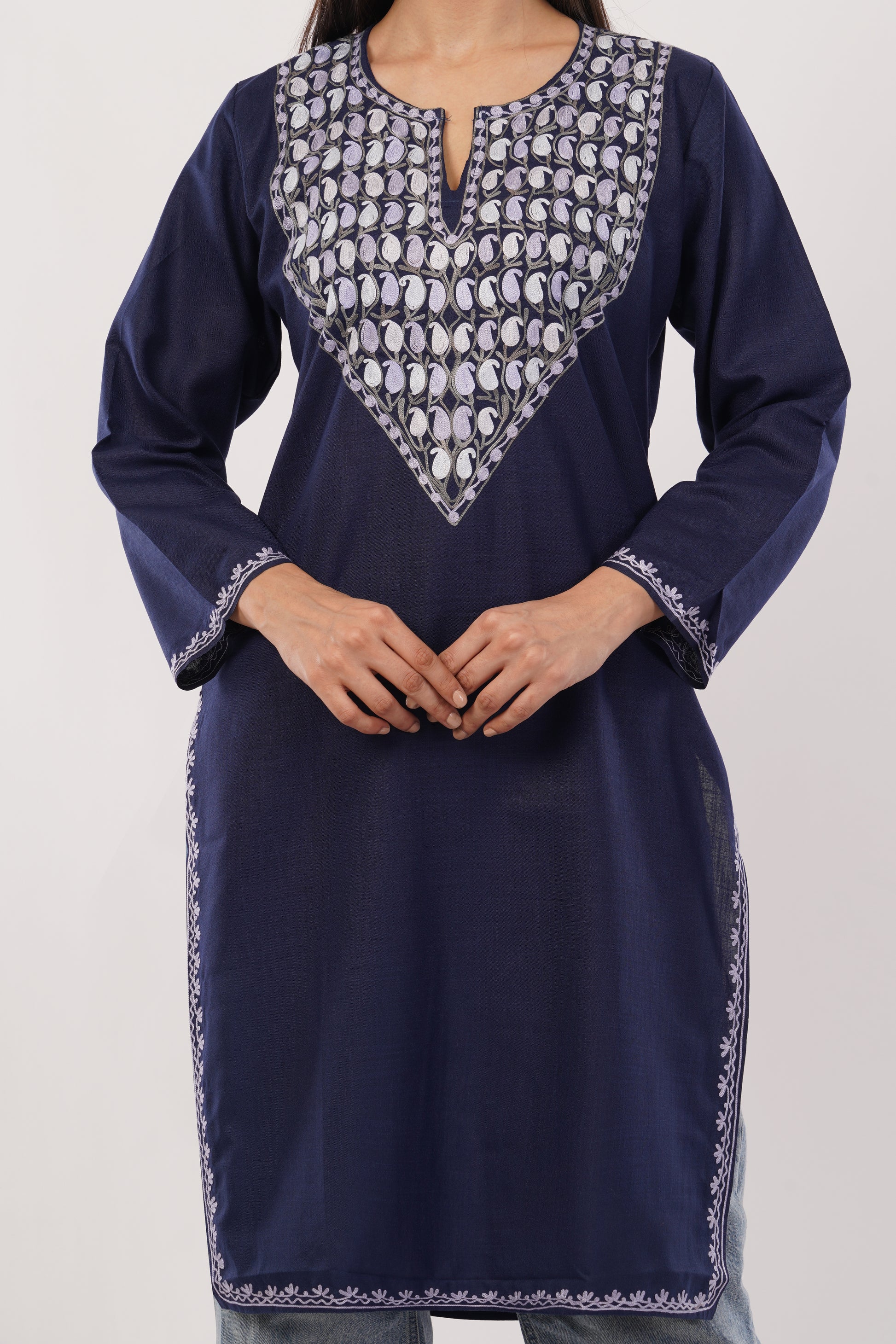 Kashmiri Aari embroidery Cotton Long Kurti Size-38 (Navy Blue)