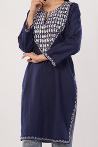 Kashmiri Aari embroidery Cotton Long Kurti Size-38 (Navy Blue)