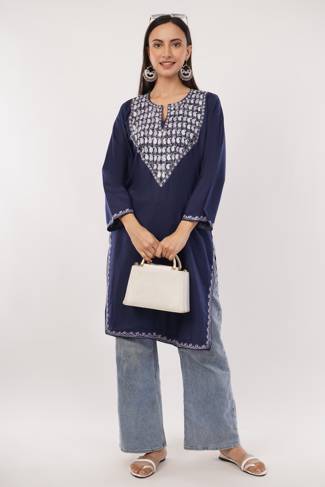 Kashmiri Aari embroidery Cotton Long Kurti Size-38 (Navy Blue)