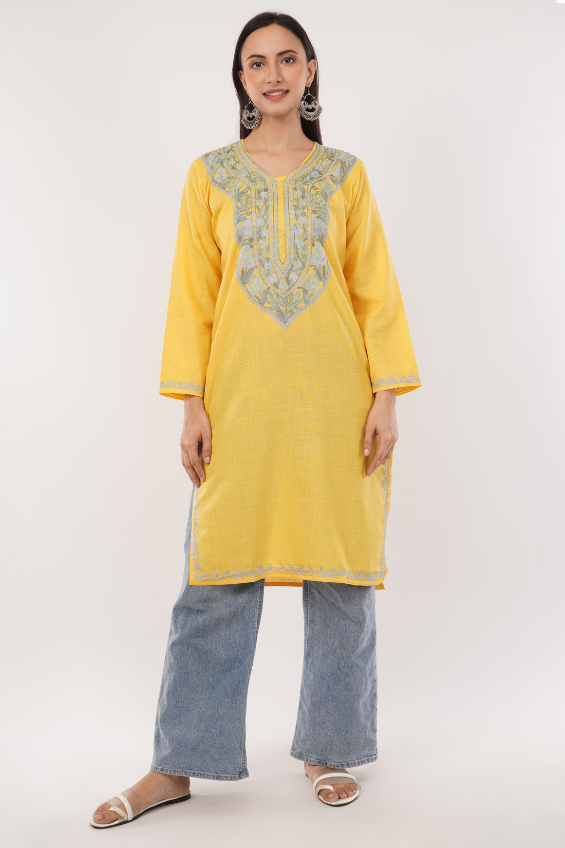 Kashmiri Aari embroidery Cotton Long Kurti Size-38 (Yellow)