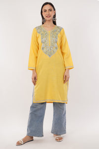 Kashmiri Aari embroidery Cotton Long Kurti Size-38 (Yellow)