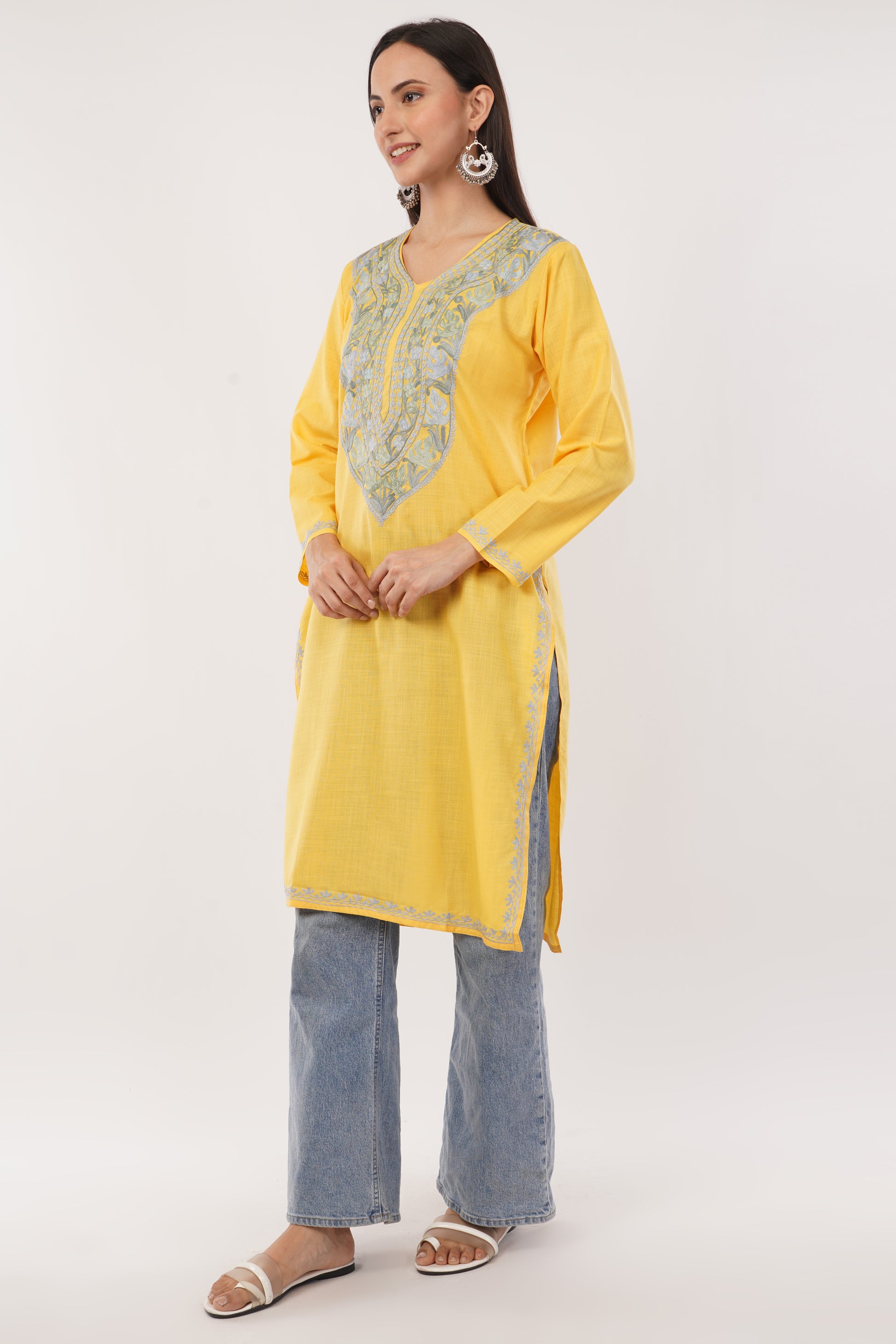 Kashmiri Aari embroidery Cotton Long Kurti Size-38 (Yellow)