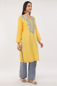 Kashmiri Aari embroidery Cotton Long Kurti Size-38 (Yellow)