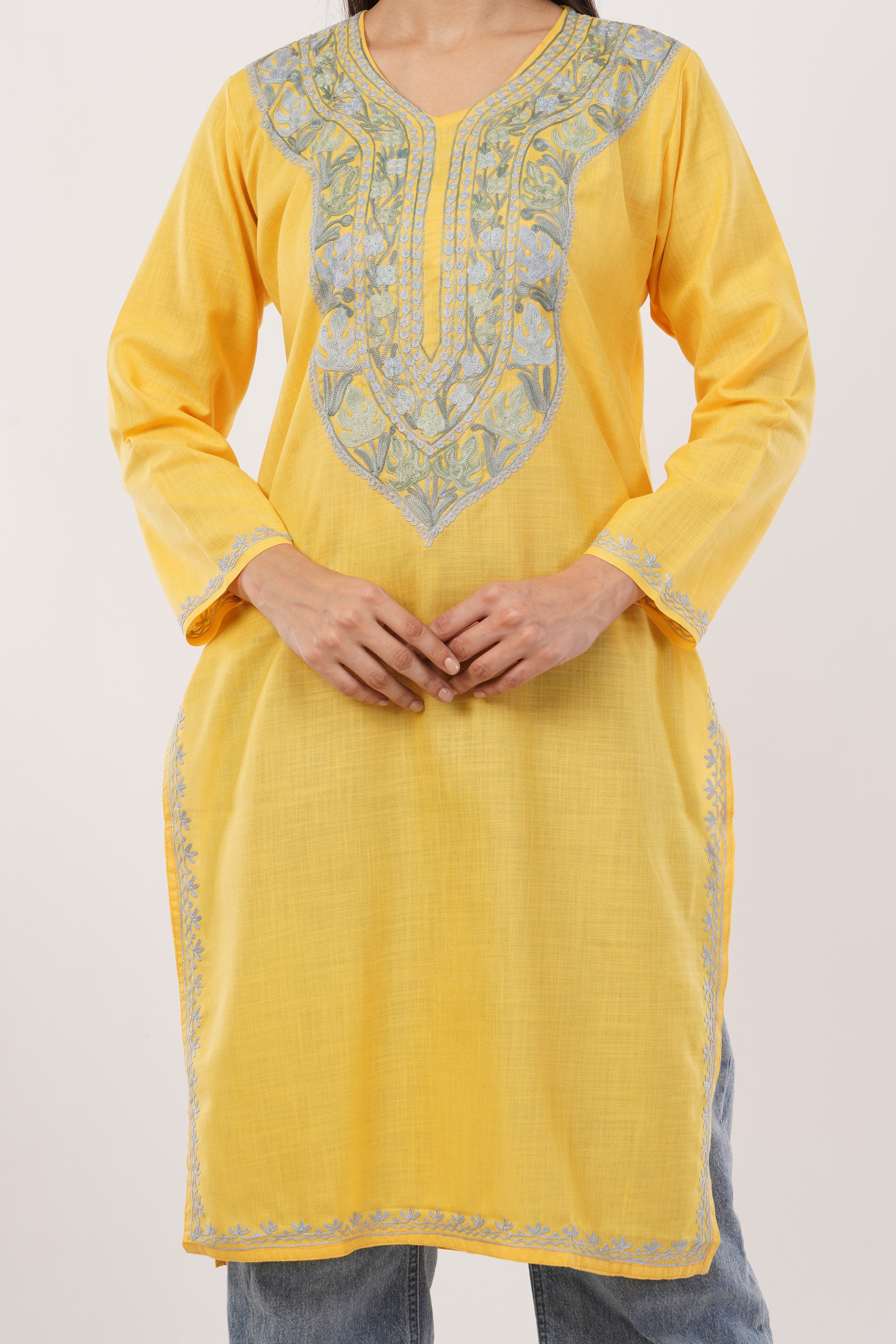 Kashmiri Aari embroidery Cotton Long Kurti Size-38 (Yellow)