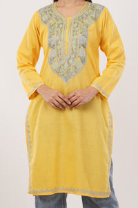 Kashmiri Aari embroidery Cotton Long Kurti Size-38 (Yellow)