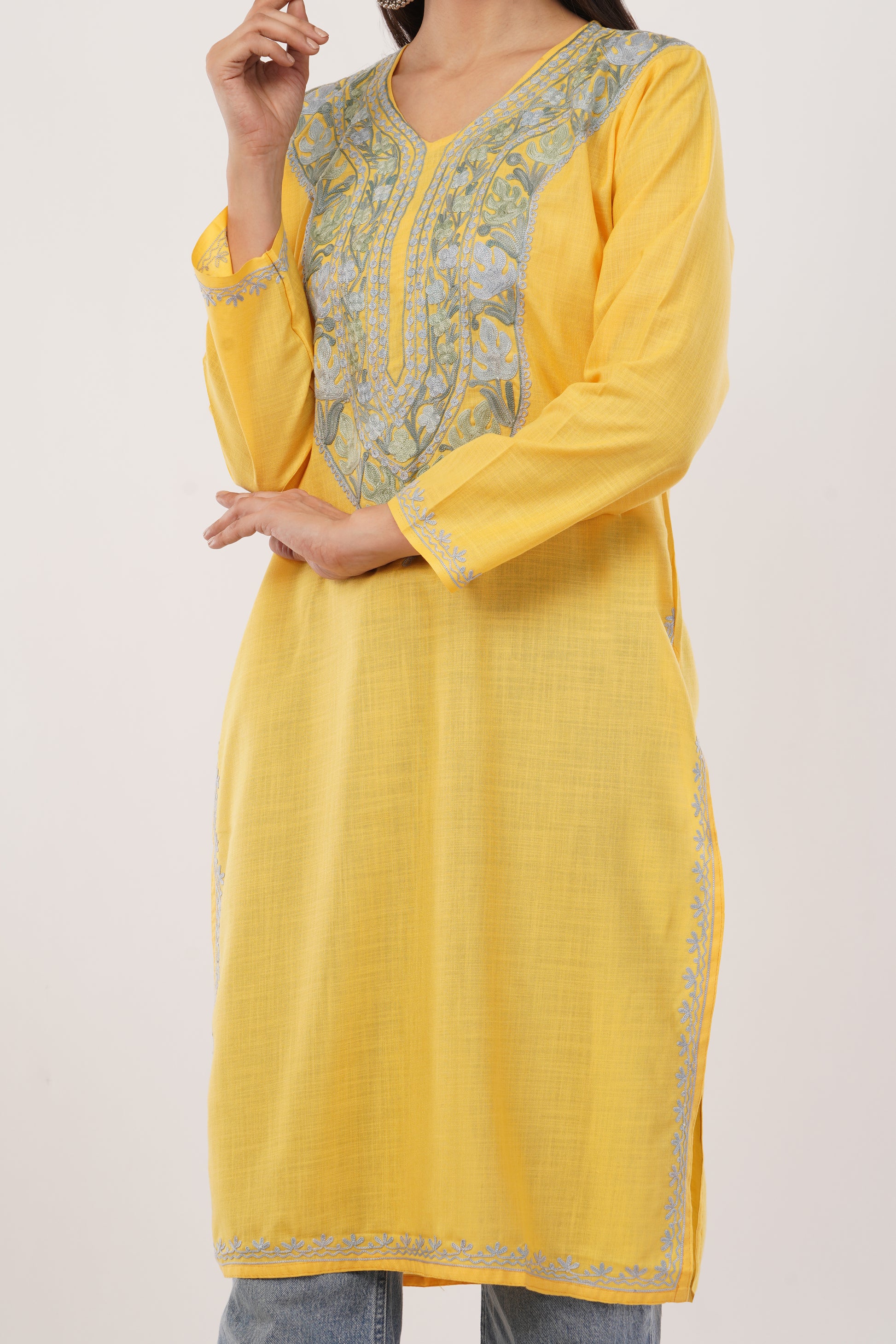 Kashmiri Aari embroidery Cotton Long Kurti Size-38 (Yellow)