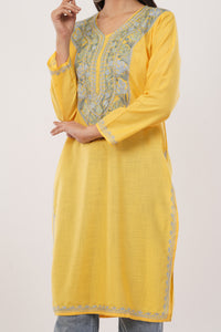 Kashmiri Aari embroidery Cotton Long Kurti Size-38 (Yellow)