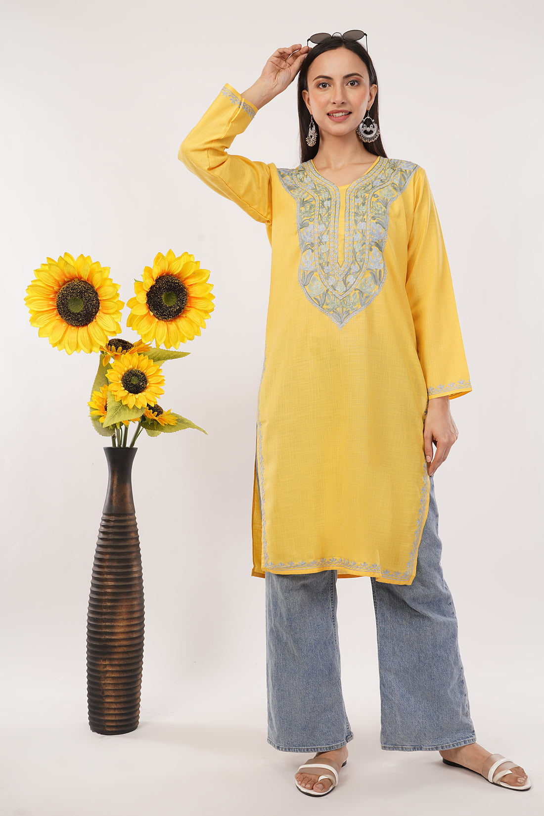 Kashmiri Aari embroidery Cotton Long Kurti Size-38 (Yellow)