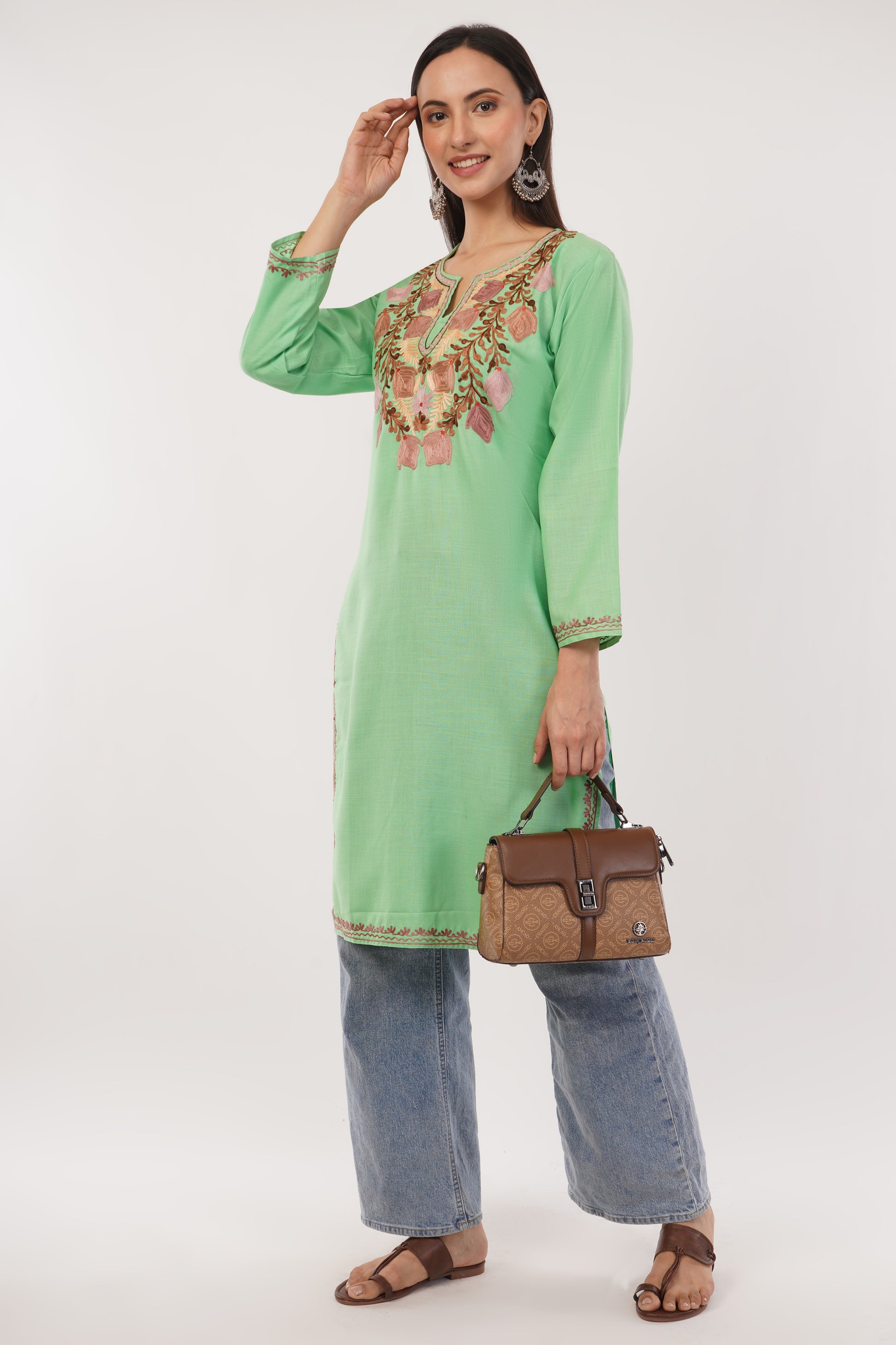 Kashmiri Aari embroidery Cotton Long Kurti Size-38 (Green)