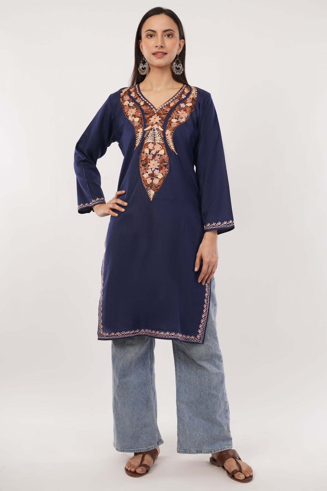 Kashmiri Aari embroidery Cotton Long Kurti Size-38 (Navy Blue)