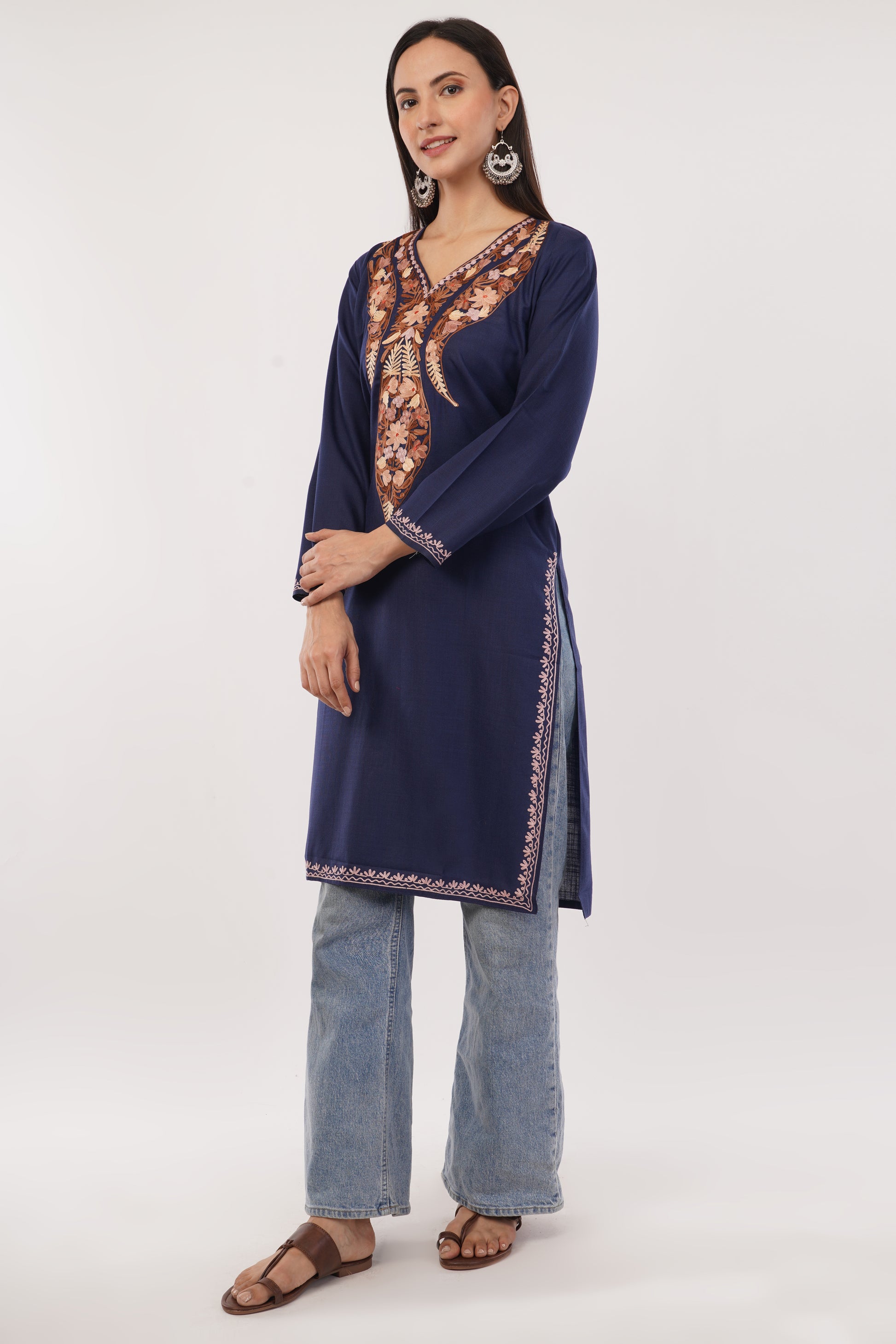 Kashmiri Aari embroidery Cotton Long Kurti Size-38 (Navy Blue)