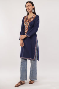 Kashmiri Aari embroidery Cotton Long Kurti Size-38 (Navy Blue)