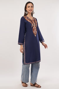 Kashmiri Aari embroidery Cotton Long Kurti Size-38 (Navy Blue)