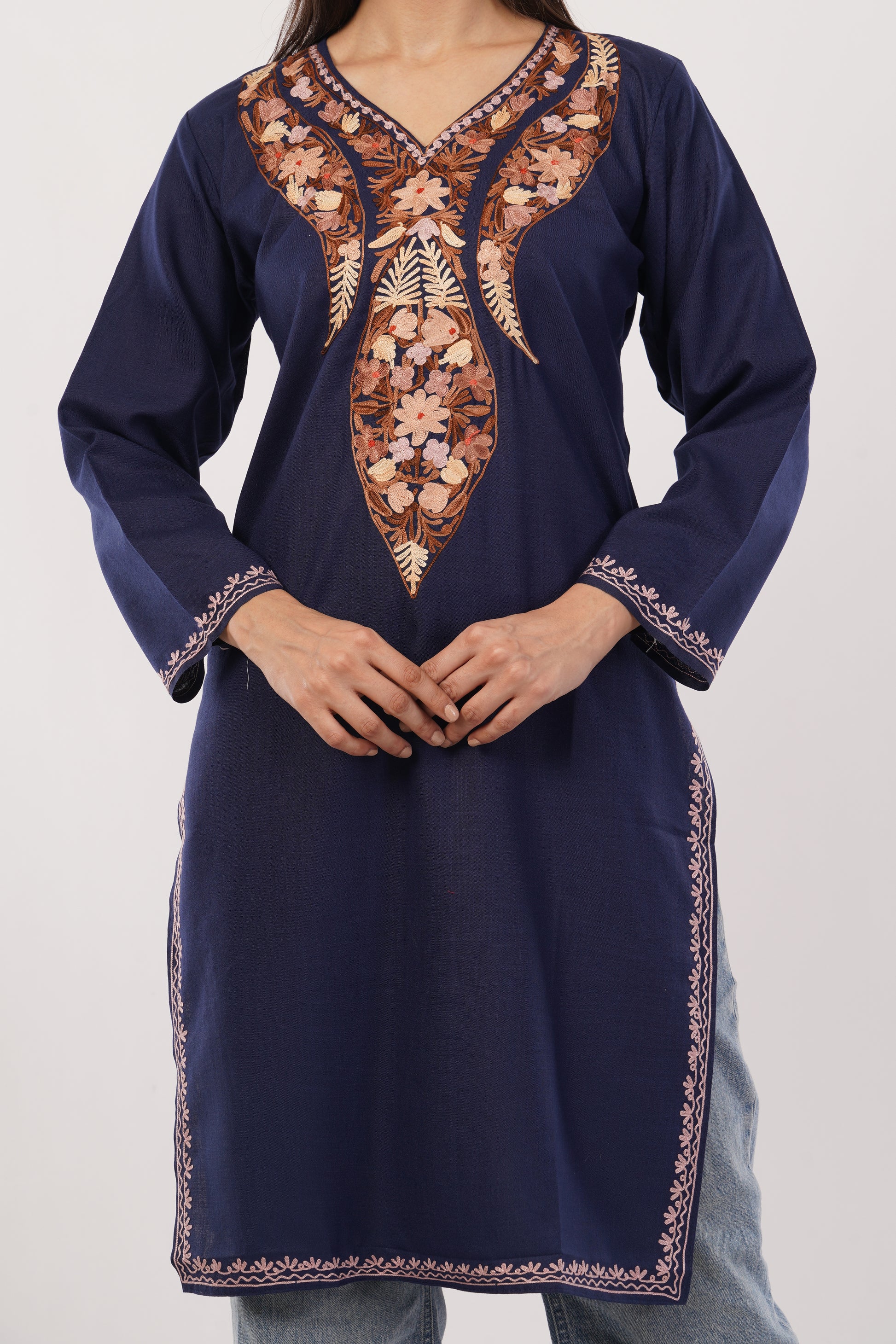 Kashmiri Aari embroidery Cotton Long Kurti Size-38 (Navy Blue)