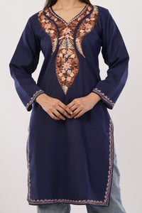 Kashmiri Aari embroidery Cotton Long Kurti Size-38 (Navy Blue)