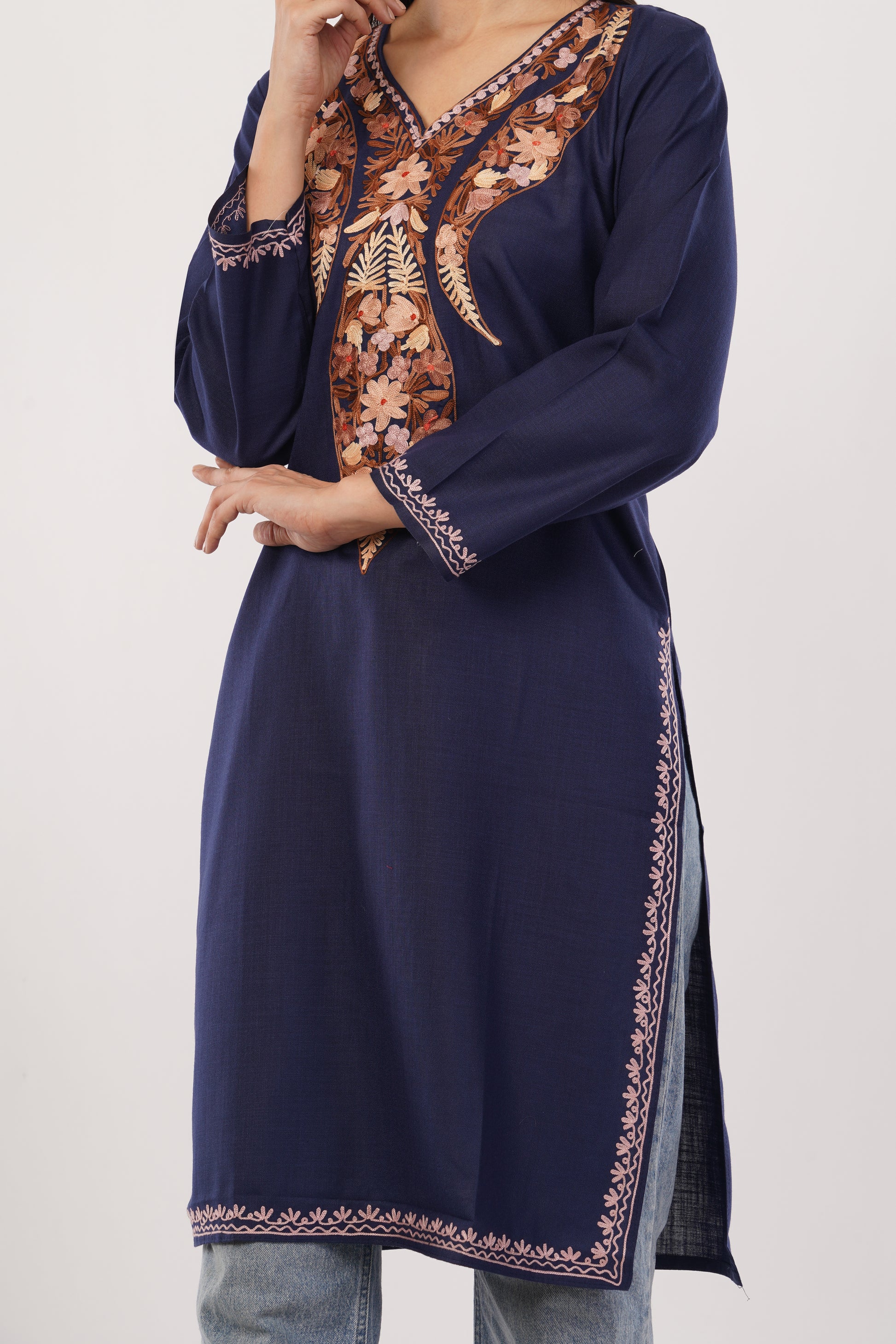 Kashmiri Aari embroidery Cotton Long Kurti Size-38 (Navy Blue)