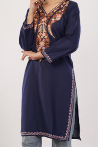 Kashmiri Aari embroidery Cotton Long Kurti Size-38 (Navy Blue)