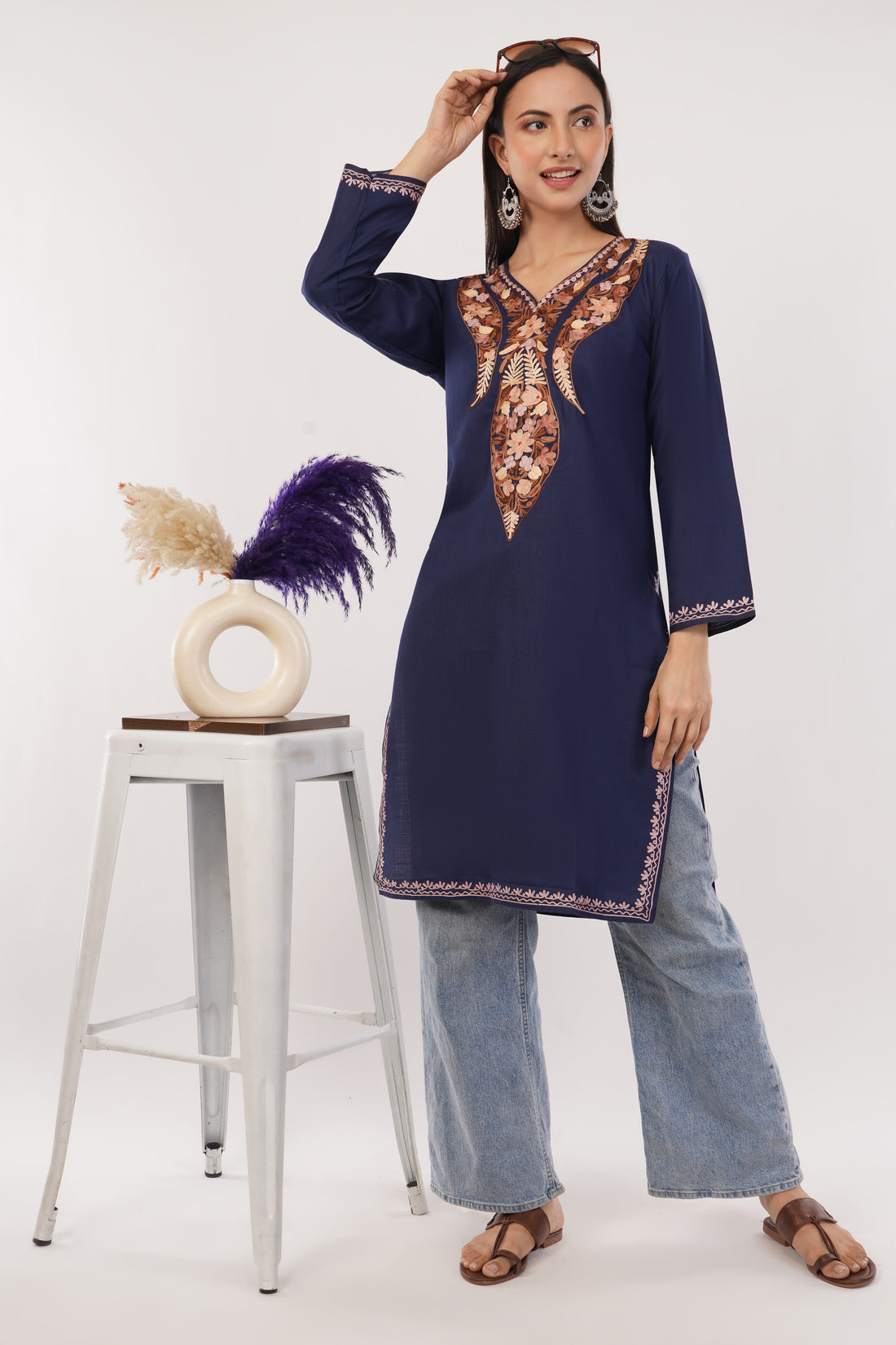 Kashmiri Aari embroidery Cotton Long Kurti Size-38 (Navy Blue)