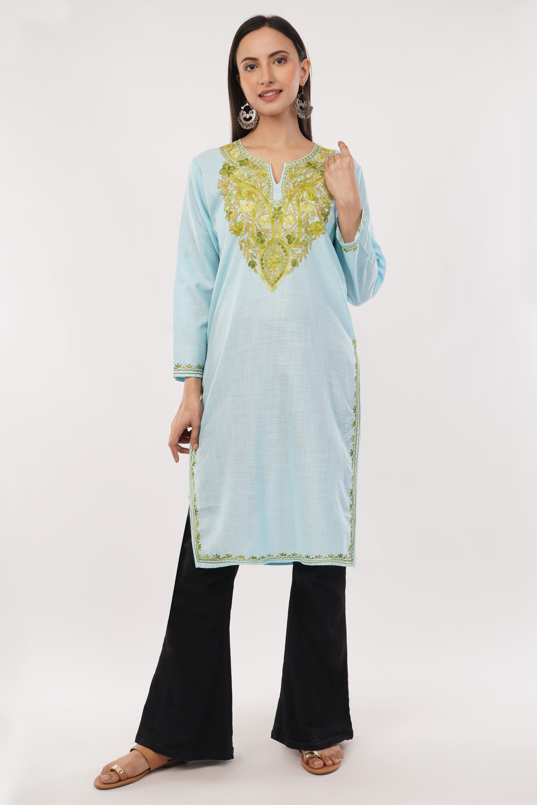 Kashmiri Aari embroidery Cotton Long Kurti Size-38 (sky Blue)