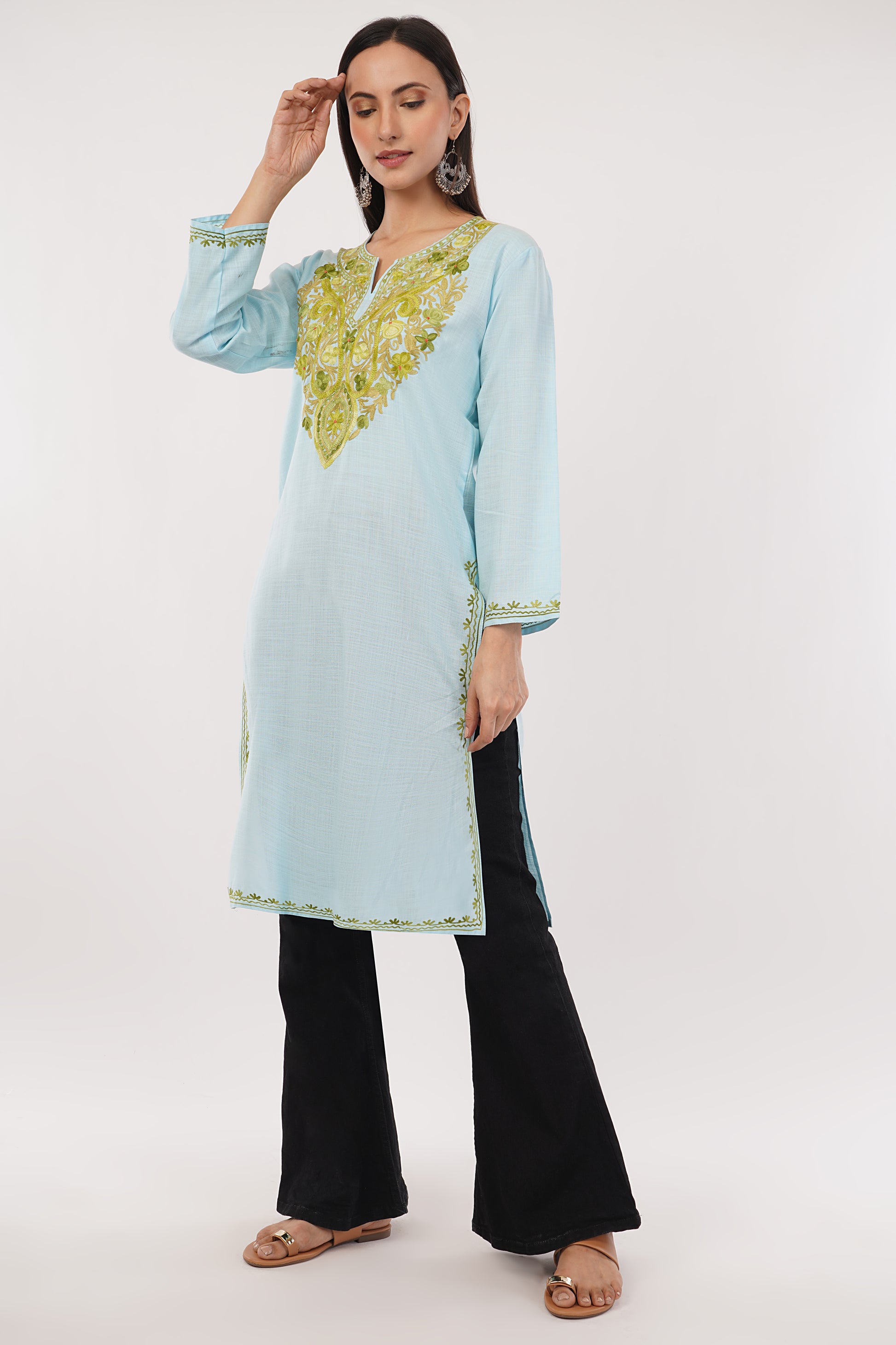 Kashmiri Aari embroidery Cotton Long Kurti Size-38 (sky Blue)