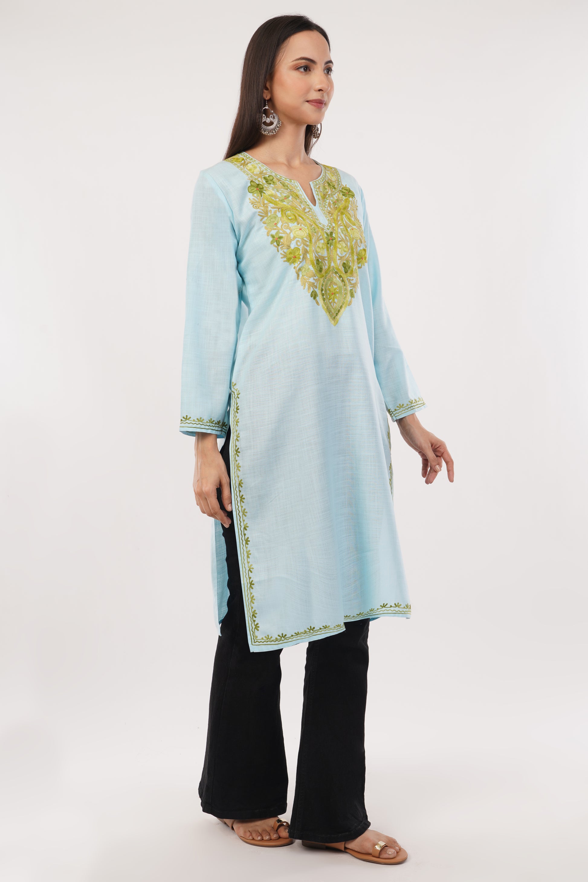 Kashmiri Aari embroidery Cotton Long Kurti Size-38 (sky Blue)