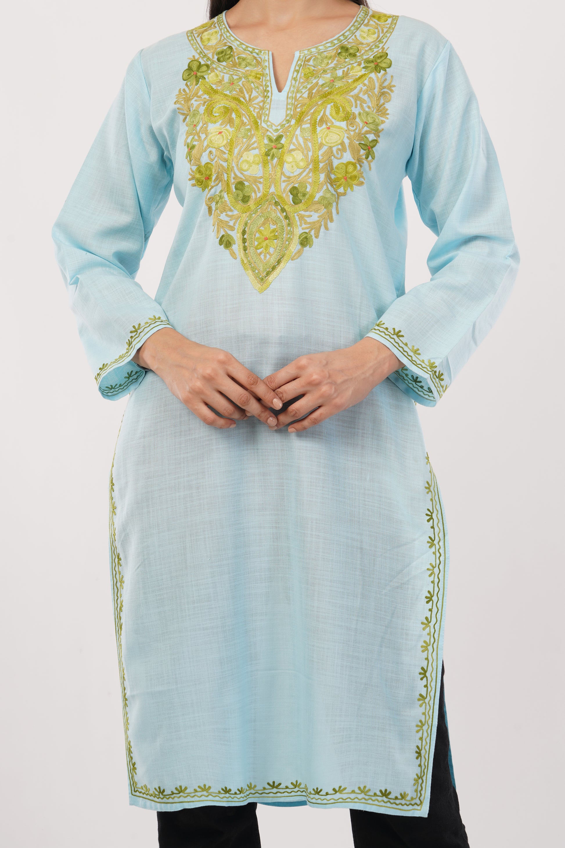 Kashmiri Aari embroidery Cotton Long Kurti Size-38 (sky Blue)