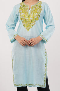 Kashmiri Aari embroidery Cotton Long Kurti Size-38 (sky Blue)