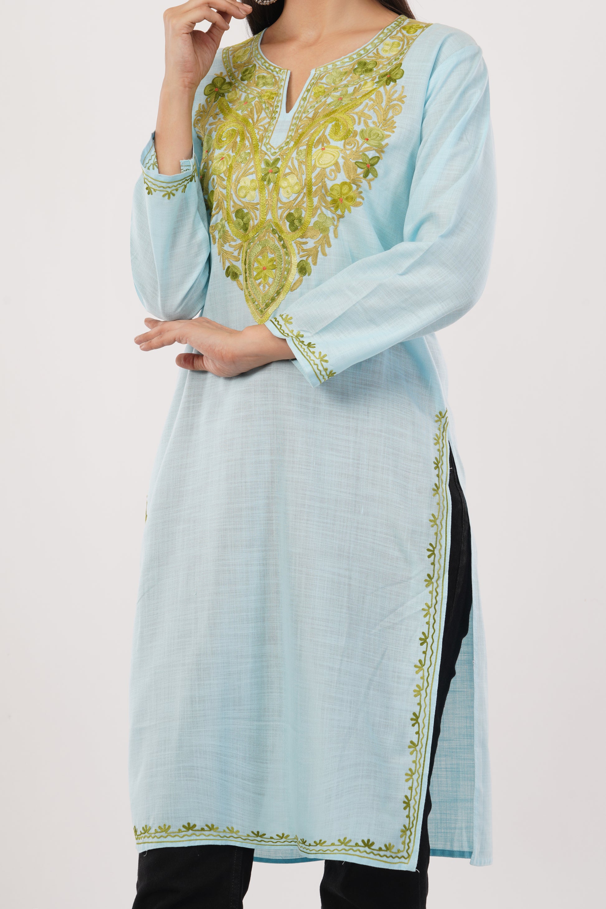 Kashmiri Aari embroidery Cotton Long Kurti Size-38 (sky Blue)