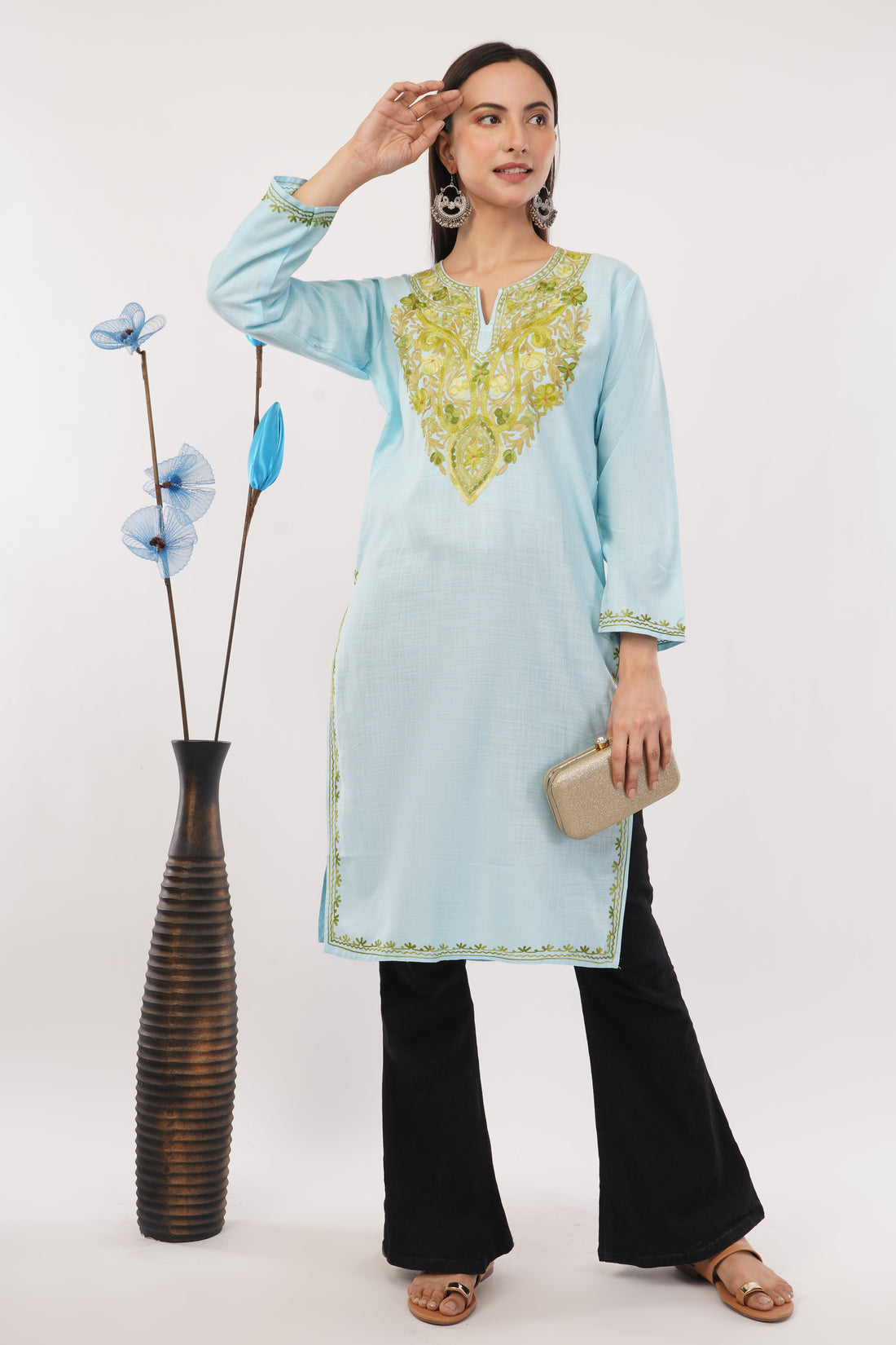 Kashmiri Aari embroidery Cotton Long Kurti Size-38 (sky Blue)