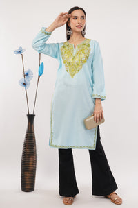 Kashmiri Aari embroidery Cotton Long Kurti Size-38 (sky Blue)