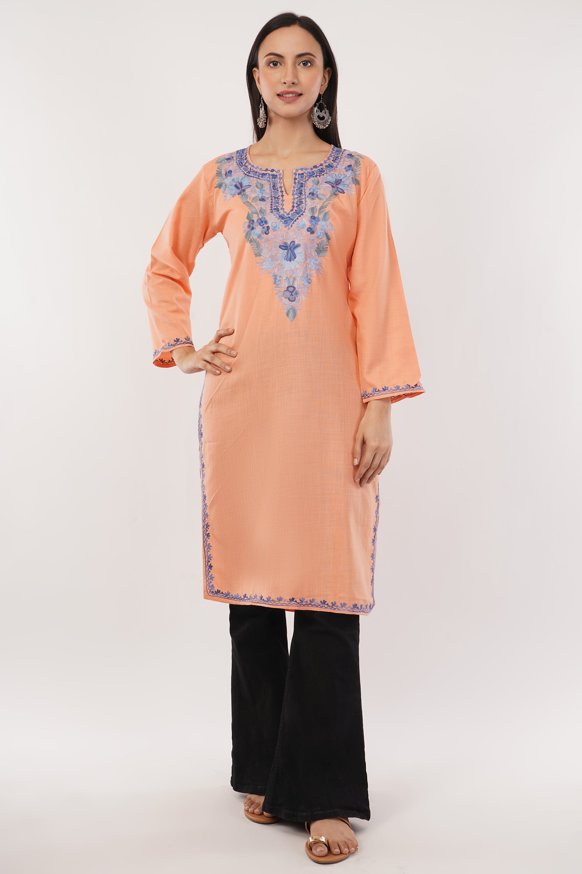 Kashmiri Aari embroidery Cotton Long Kurti Size-38 (Peach)