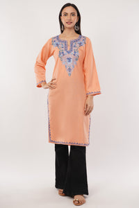 Kashmiri Aari embroidery Cotton Long Kurti Size-38 (Peach)