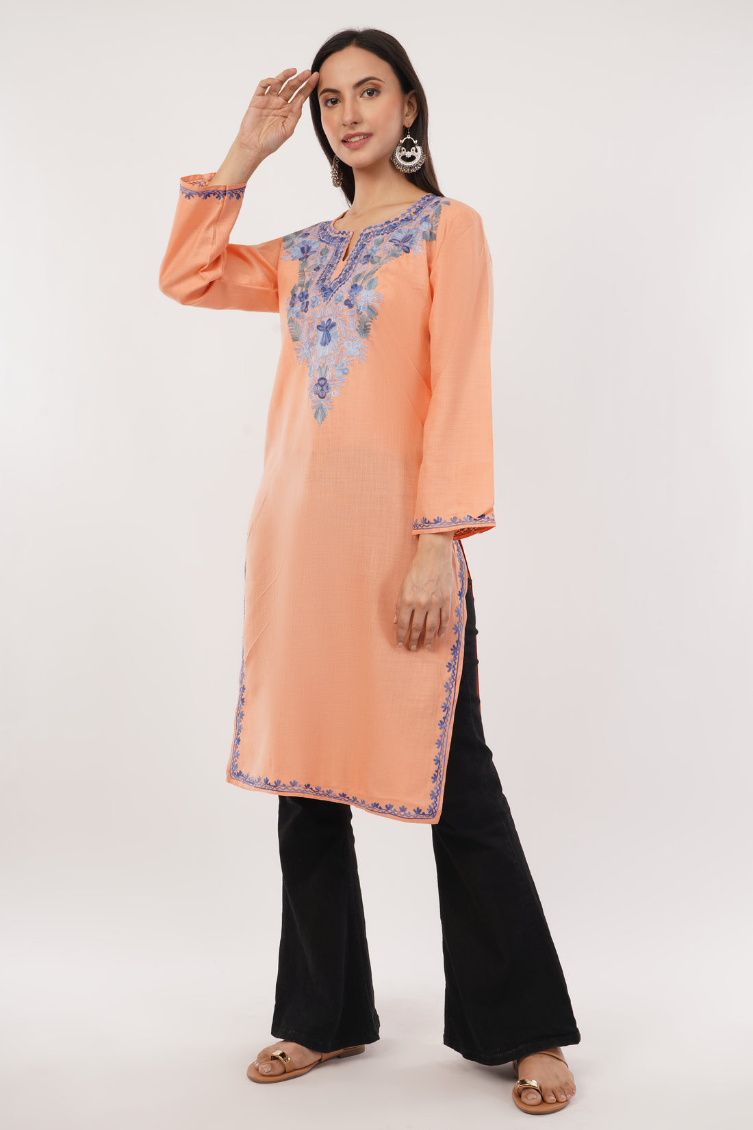 Kashmiri Aari embroidery Cotton Long Kurti Size-38 (Peach)