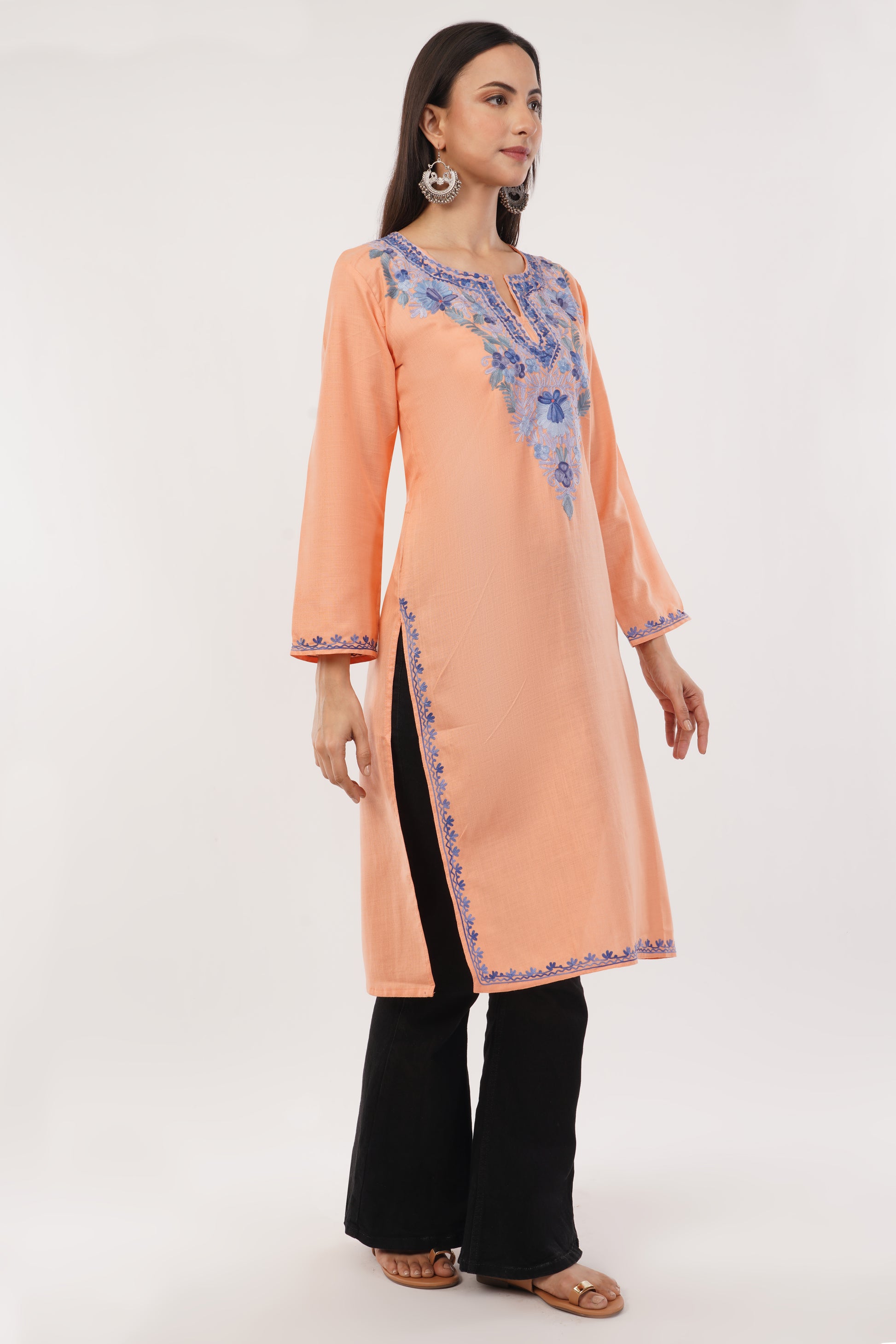 Kashmiri Aari embroidery Cotton Long Kurti Size-38 (Peach)